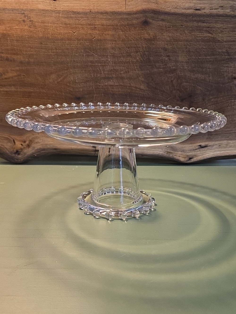 Clear Glass Pedestal Cake Stand with Beaded Rim, 10" Wide, 5" Tall
